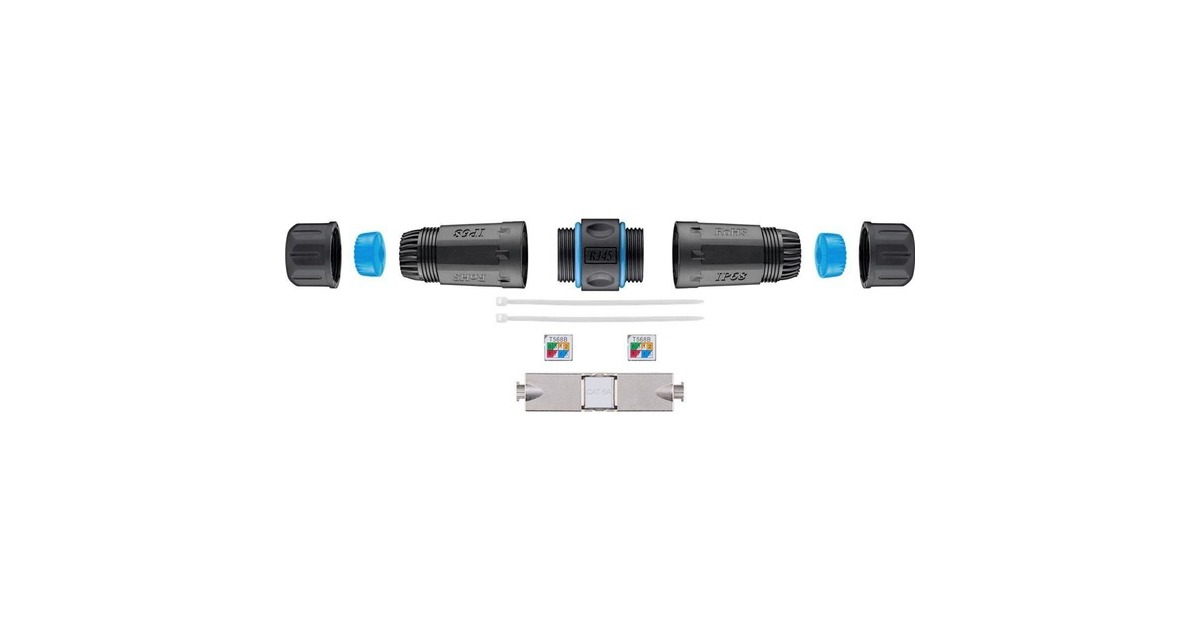 goobay Verbinder für Netzwerkkabel Cat.6a STP werkzeugfrei, Kupplung(schwarz, outdoor)