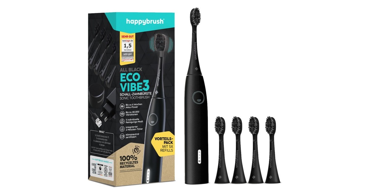happybrush StarterKit Schall Eco VIBE 3 All Black, Elektrische Zahnbürste(schwarz)