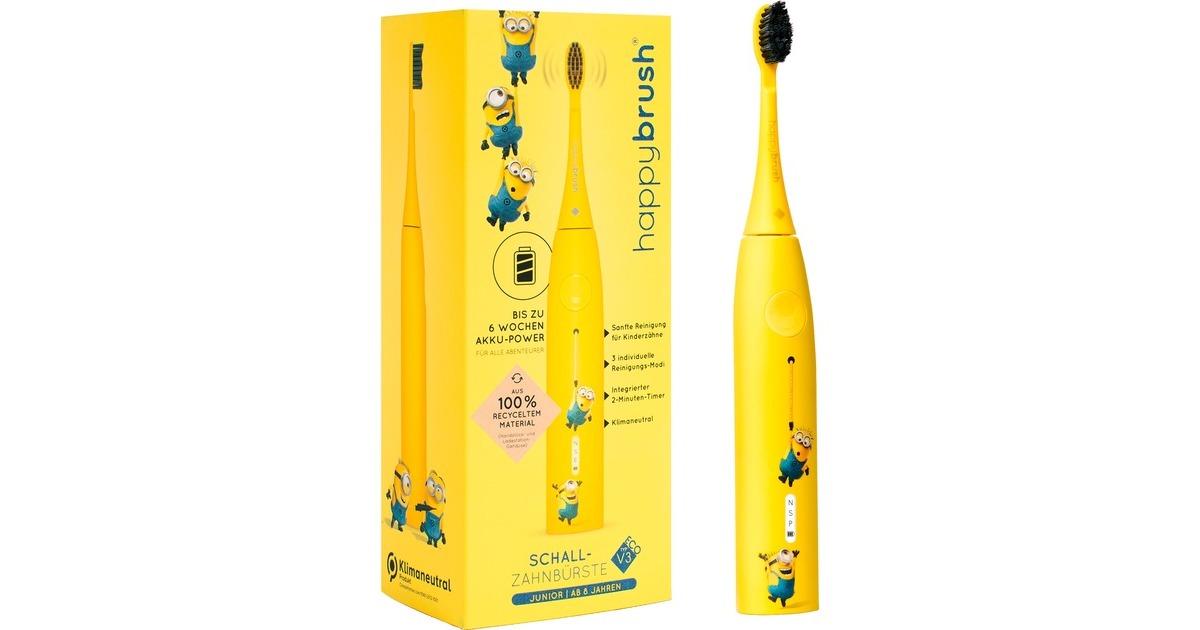 happybrush StarterKit Schall Eco VIBE 3 Minions, Elektrische Zahnbürste(gelb)