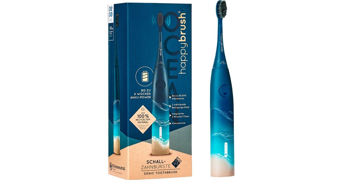 happybrush StarterKit Schall Eco VIBE 3 Ocean, Elektrische Zahnbürste(blau/beige)