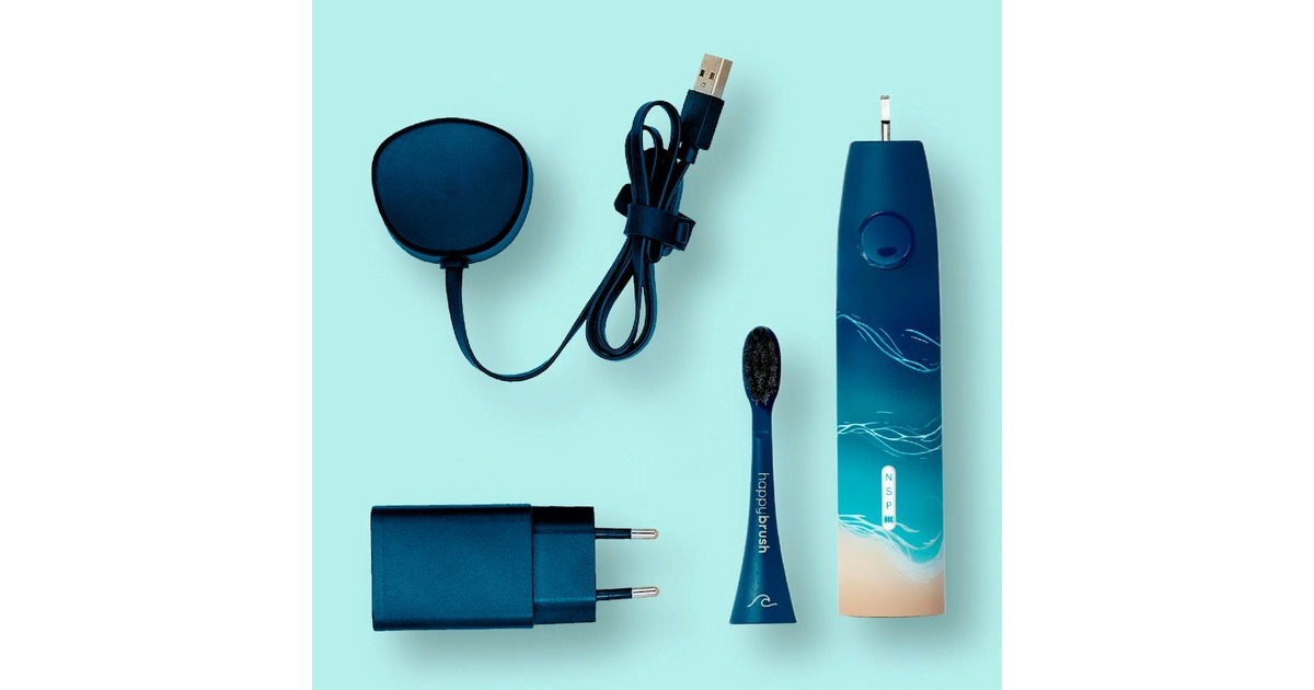 happybrush StarterKit Schall Eco VIBE 3 Ocean, Elektrische Zahnbürste(blau/beige)