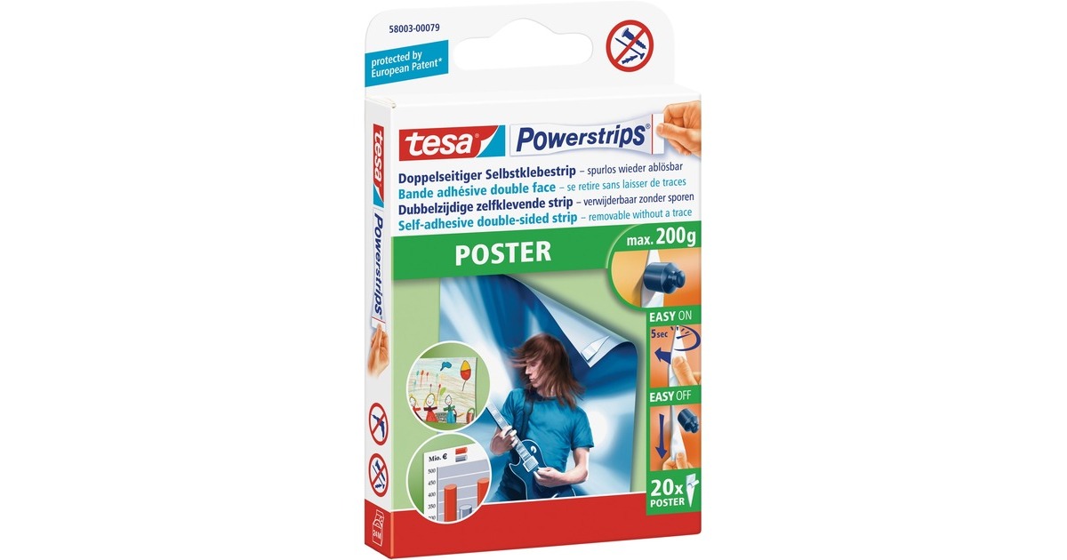 tesa Powerstrips Poster, Kleber(weiß, 20 Stück)
