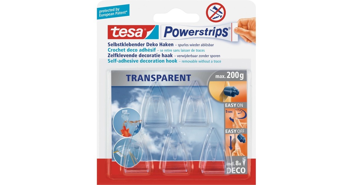 tesa Powerstrips Small DECO Haken, Kleber(transparent, 5 Haken + 8 Strips)