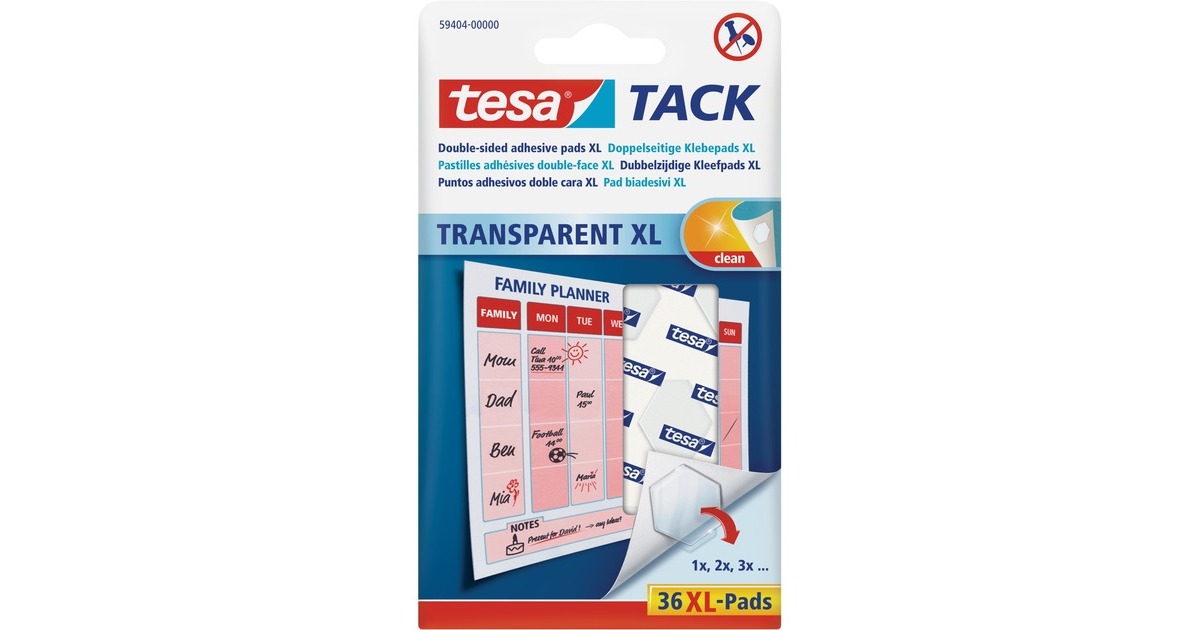 tesa Tack transparent, doppelseitige Klebepads XL, Kleber(weiß, 36 Stück)