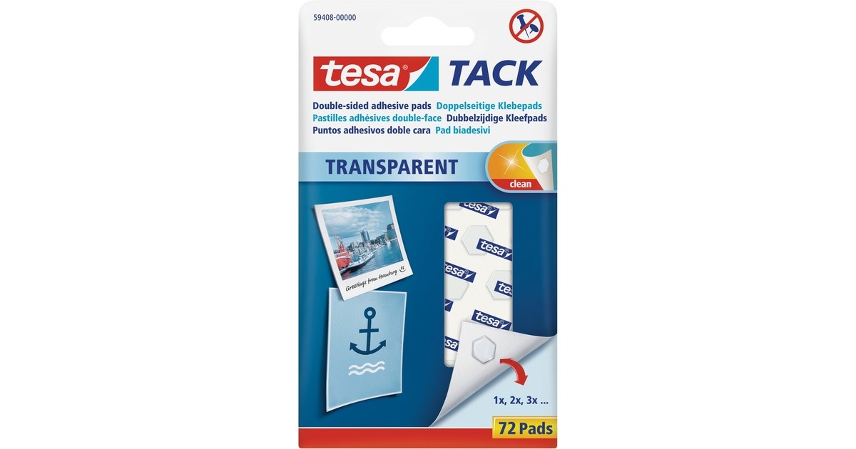 tesa Tack transparent, doppelseitige Klebepads, Kleber(weiß, 72 Stück)