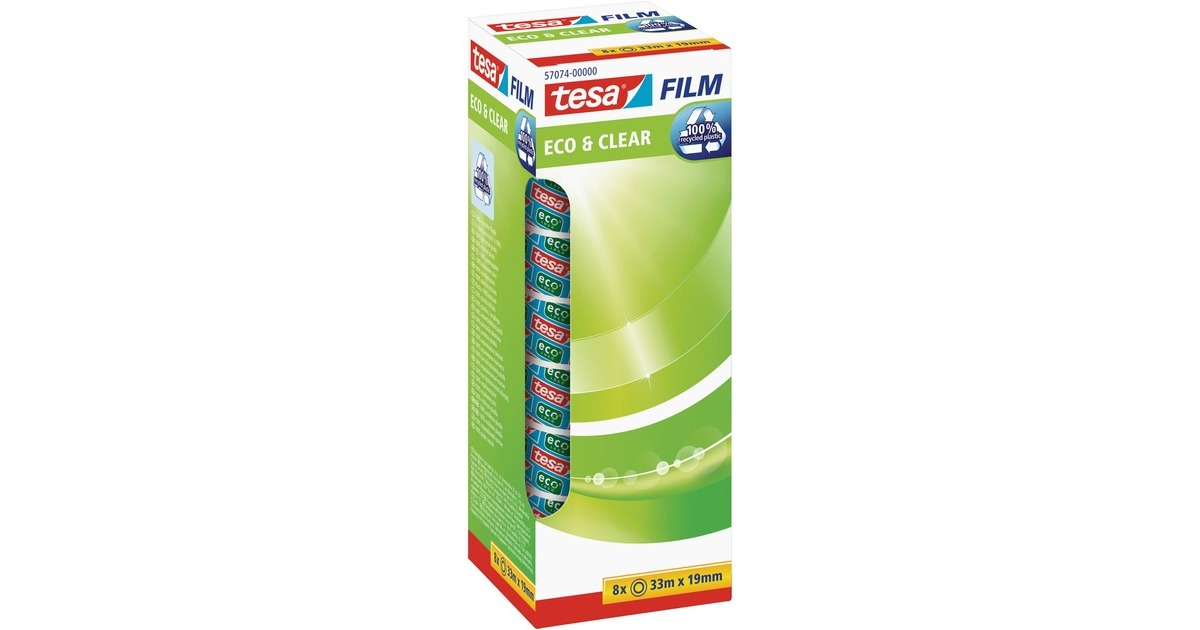 tesa tesafilm eco & clear, 8 Rollen, 19mm, Office Box, Klebeband(transparent, 33 Meter pro Rolle)