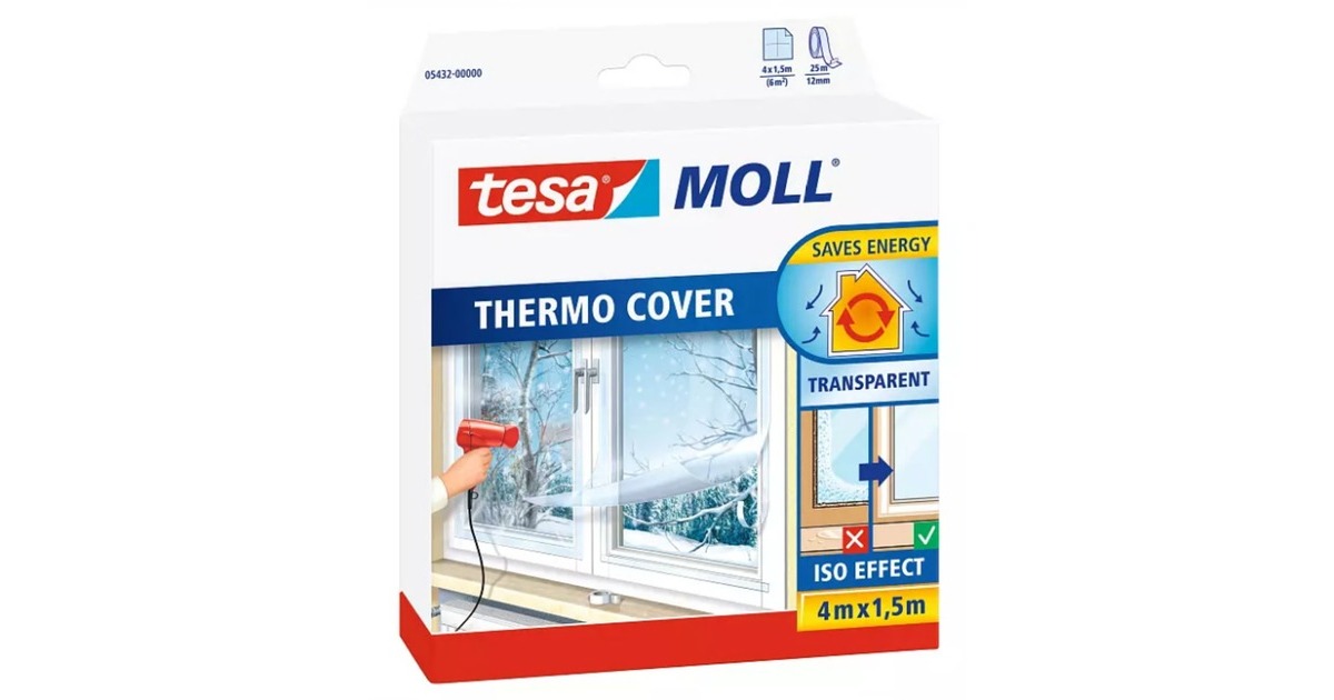 tesa tesamoll Thermo Cover, Fensterisolierfolie, Dämmung(transparent, 4 Meter x 1,5 Meter)